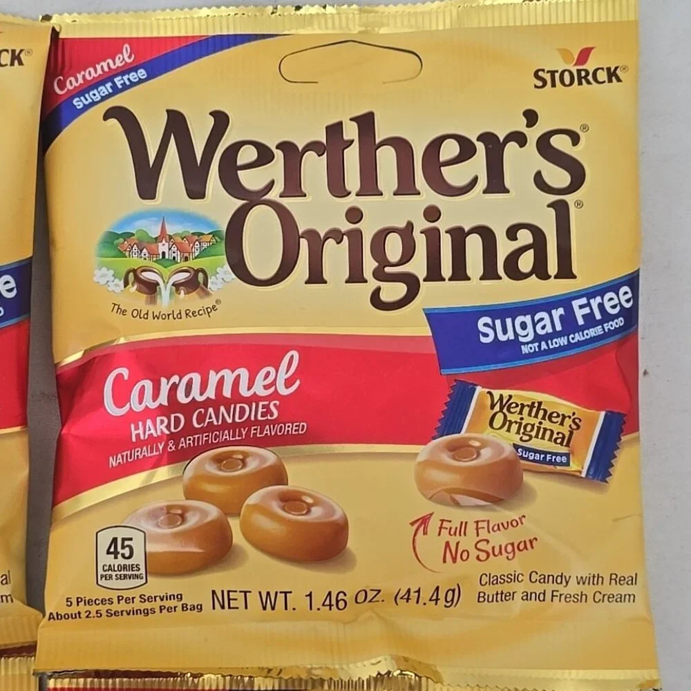 4 PACK Werther's Original SUGAR FREE CARAMEL Hard Candies 1.46oz bag Each